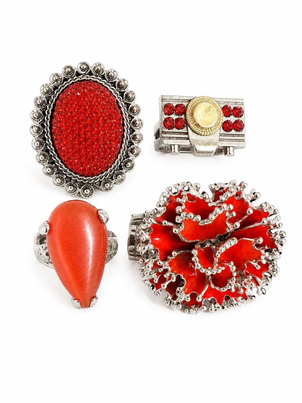Vintage Lot of 4 Statement Rings | Red Rhinestone, Cat’s Eye & Floral Jewelry